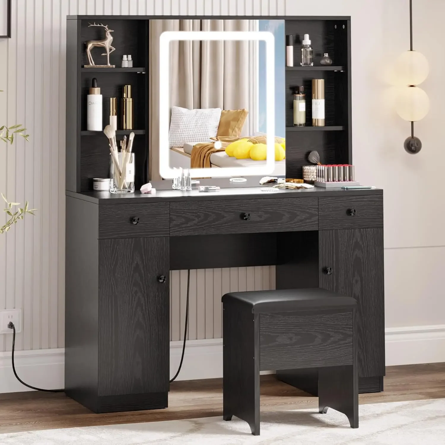 

IRONCK Vanity Desk Set with Large LED Lighted Mirror & Power Outlet, 7 Drawers Vanities Dressing Makeup Table with Storage