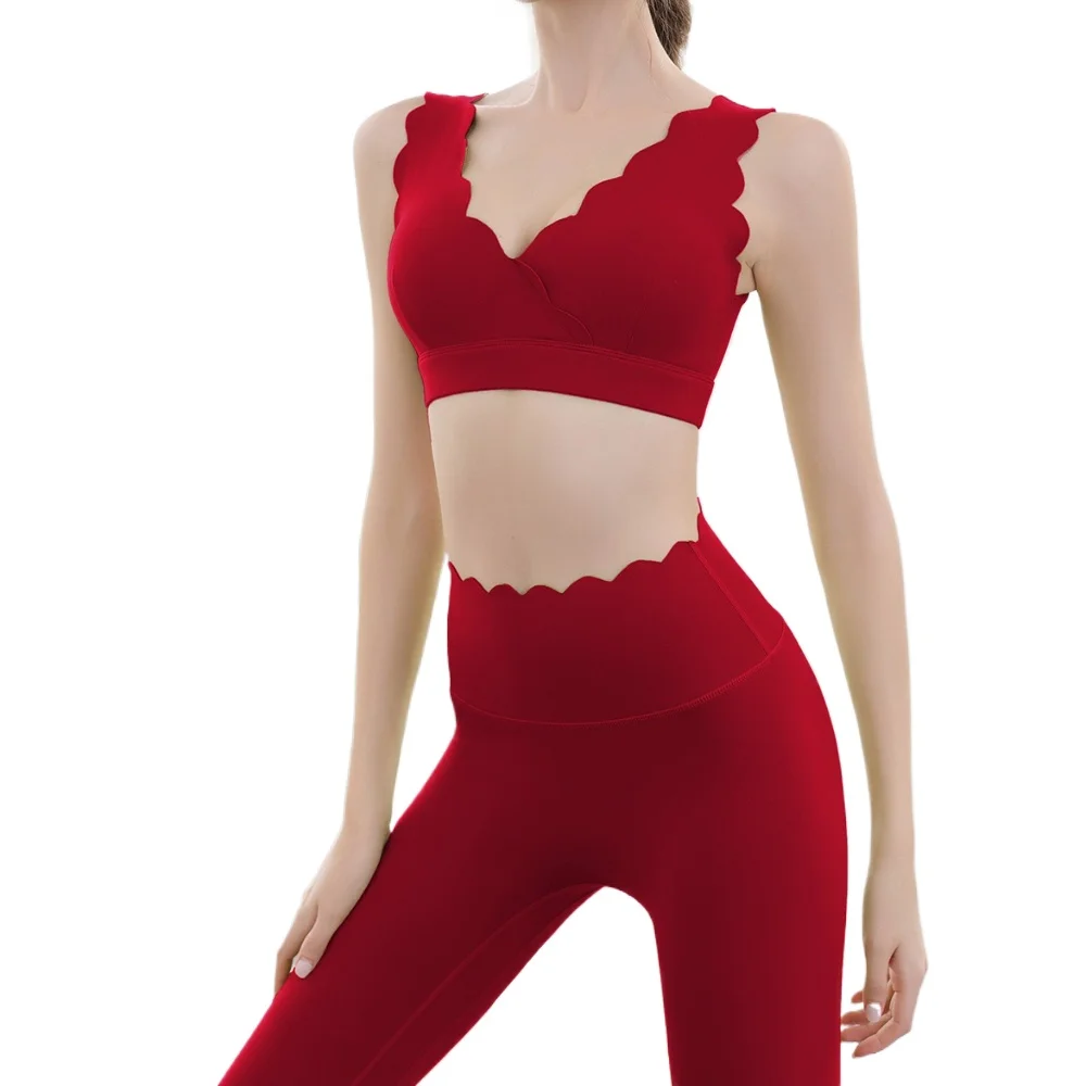 

Women's Yoga Fitness Running Vest Shockproof Lace Design Sexy Gym Bra Set Long Pants Sleeveless Nylon Fabric Over