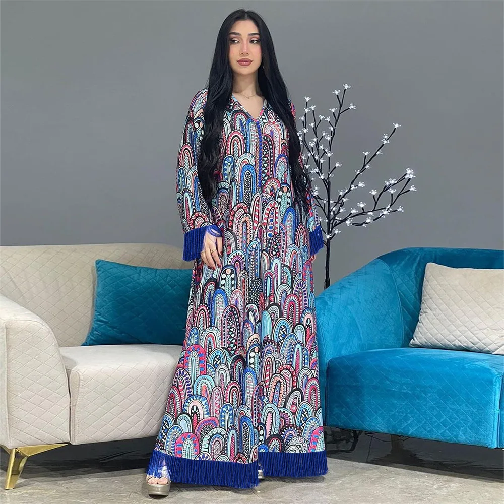 Eid musulmán estampado borlas vestido mujeres Abaya Jalabiya Vestidos largos Abayas Ramadán mujer Turquía caftán marroquí Vestidos elegantes