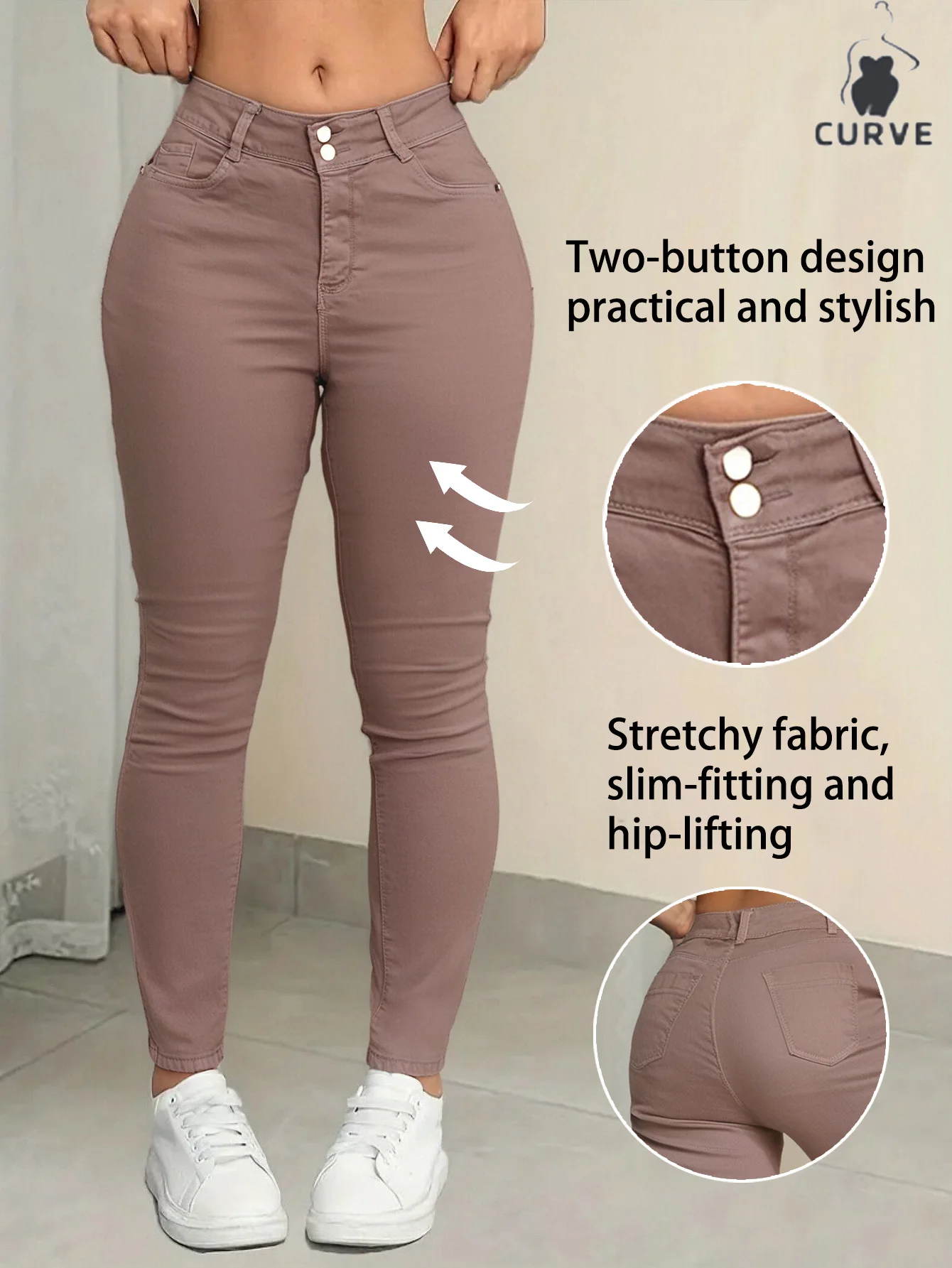 

Pink women's plus-size jeans, stretchy skinny denim pants that fit comfortably against the skin and resist deformation