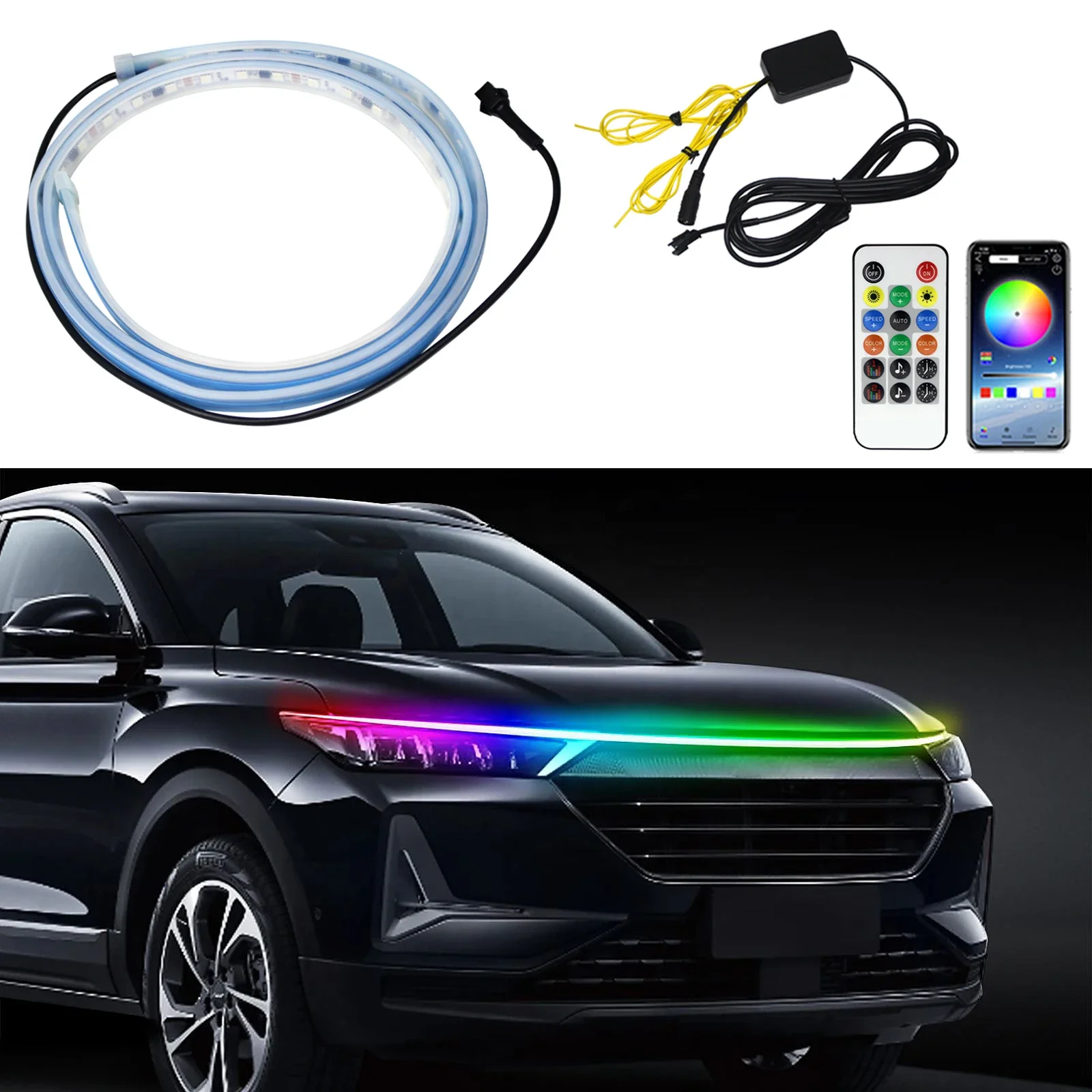 

Car Hood Led Strips 180cm Waterproof Universal App Remote Control Auto Through Lamp Flexible Rgb Drl Decorative Atmosphere Light