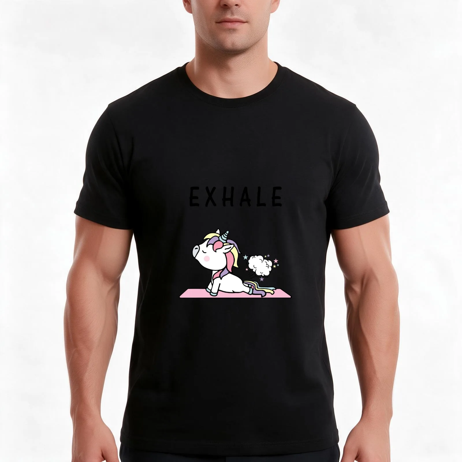 Exhale Unicorn Fart Yoga T-Shirt, Summer Casual Cotton Tee, Oversized Streetwear Tops, Vintage Graphic Print, Unisex Men Women