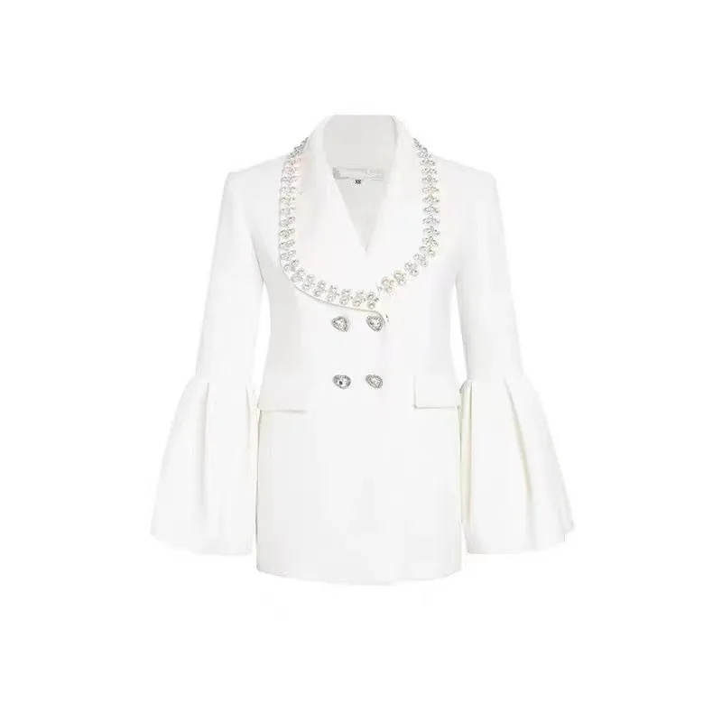 Blazer bianco di lusso con strass moda donna bottoni doppiopetto in cristallo sottile cappotto con maniche svasate q49