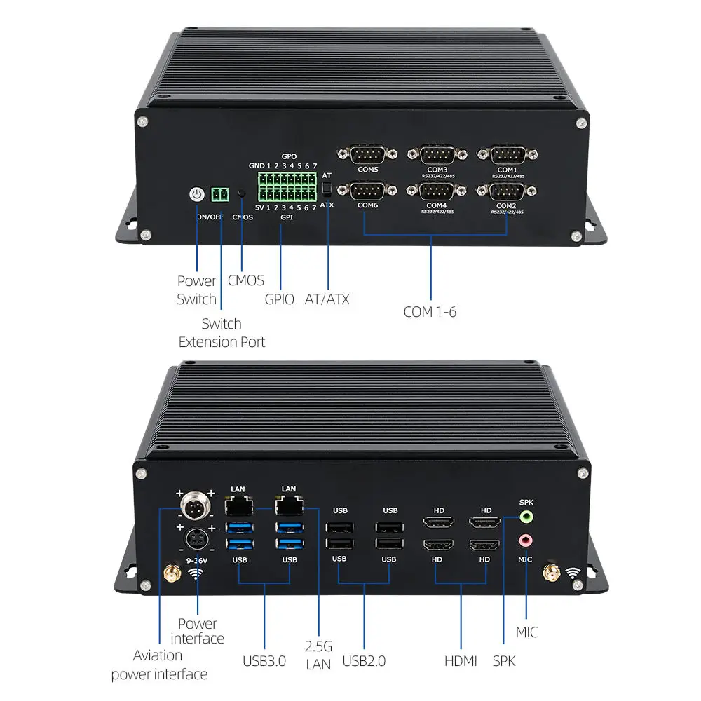 XCY X107 IPC PC industriale 6xCOM RS485/232/422 GPIO 8xUSB 4xHDMI Ingresso DC9V-36V Intel Core 12/13/14a generazione CPU Win10/11 Linux