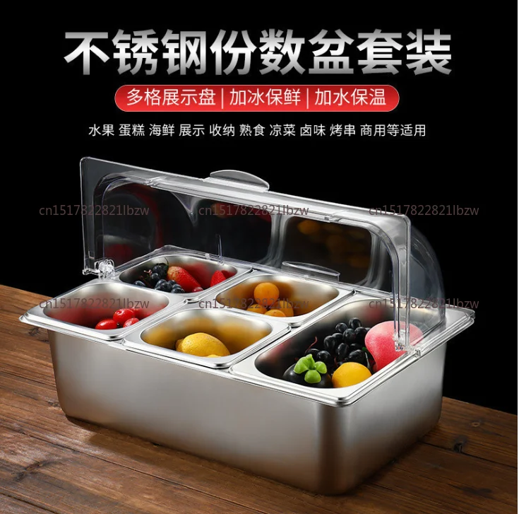 Countertop Food Container, 6 Pans Condiment Dispenser Salad Dressing Appetizer Spice Fruit Cold Serving Buffet Tray