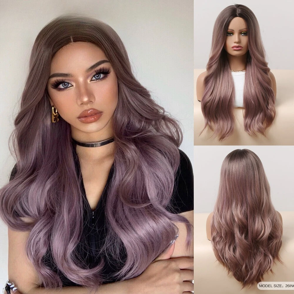 

Американские 26-дюймовые длинные амбрерованные пепельно-фиолетовые синтетические парики с объемной волной для женщин, вечерние, ежедневного использования
