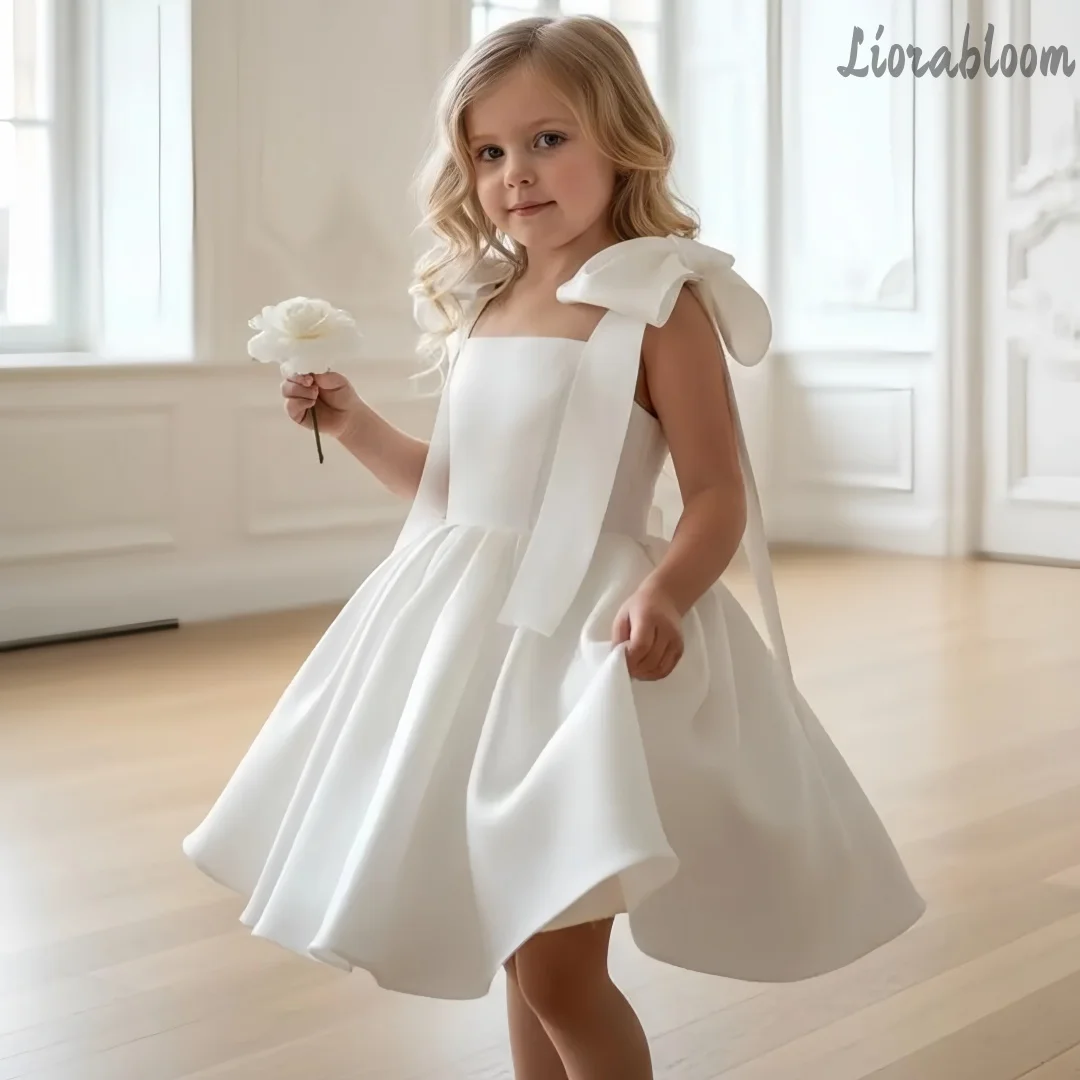 

Custom Multi-Color Flower Girl Dress Custom Formal Knee-Length Dress with Large Bow Long Gown with Pleated Hem