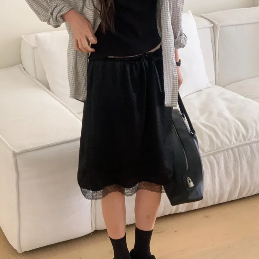 2026 Summer New Korean Style Chic Fashionable Versatile Retro Three-Color Simple Satin Lace Half Skirt Women's mid Waist A-Li...
