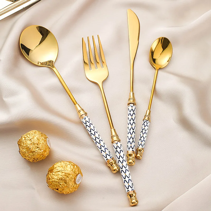 

Stainless Steel Gold Titanium-plated Porcelain Handle Blue Diamond Pattern Western Steak Knife Fork Spoon Dessert Spoon