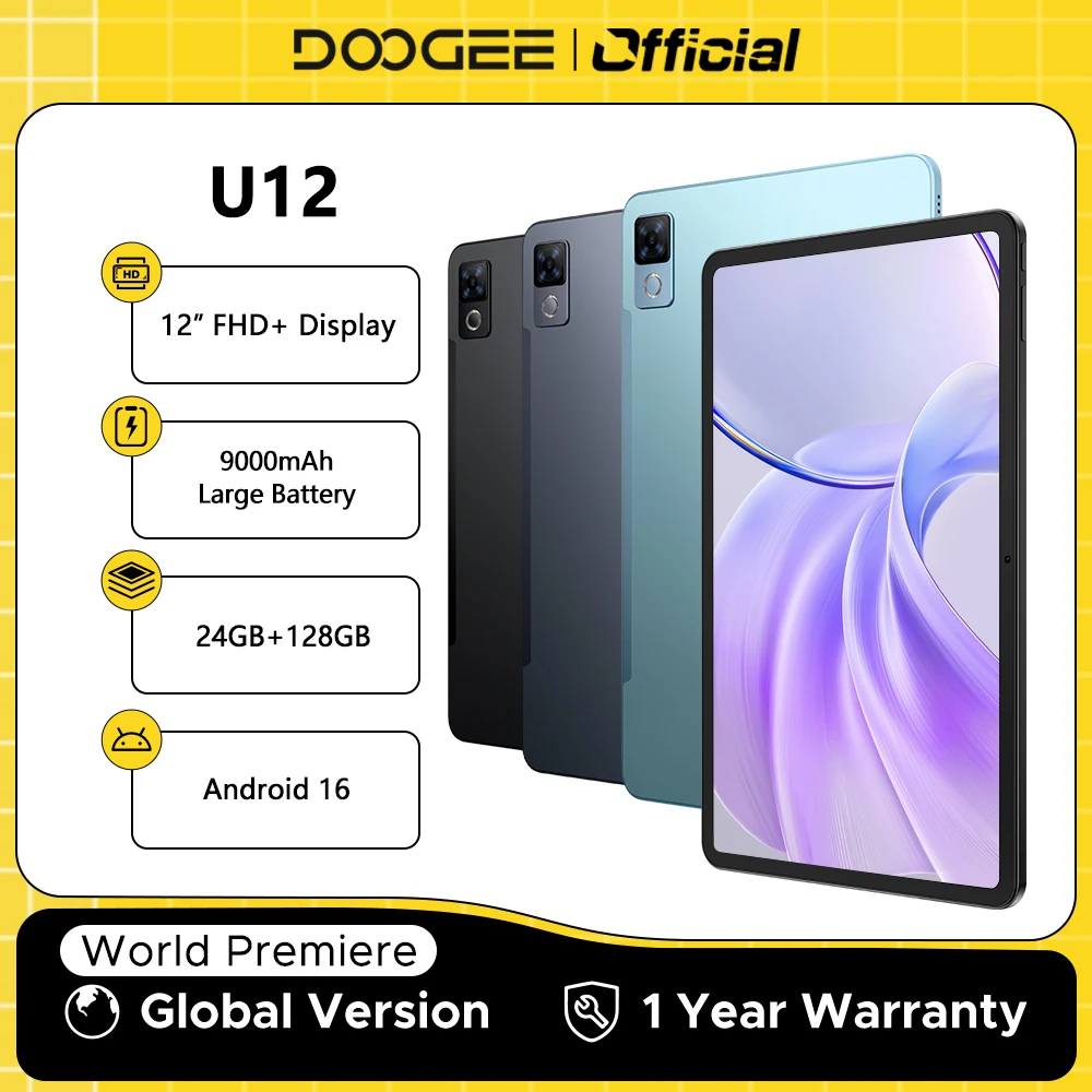 Global Version DOOGEE U12 Tablet PC Android 16 Gemini AI 12'' FHD+ Screen 24GB RAM 128GB 9000mAh Large Battery Smart Pad