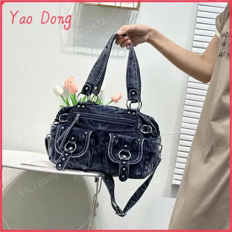 Yao Dong 2024 new Korean version of fashion retro multi-pocket wash punk cowboy trend female bag hand bill of lading shoulder cr