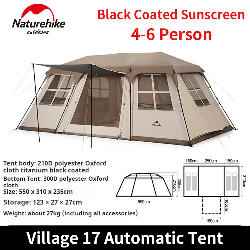 Naturehike Village 17 Automatic Tent 4-6 Person Outdoor Camping Travel Cabin Roof Tent Waterproof with Black Coated Sunscreen