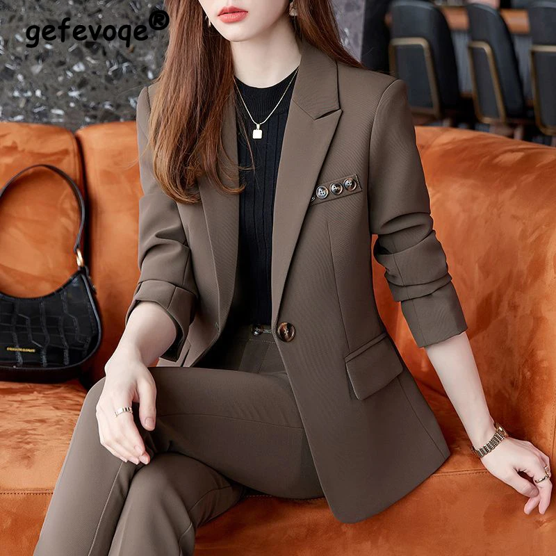 Blazer décontracté à manches longues pour femmes, veste mince, manteau imbibé, bouton unique, monochromatique, élégant, bureau, dame, affaires, mode, printemps, automne, nouveau