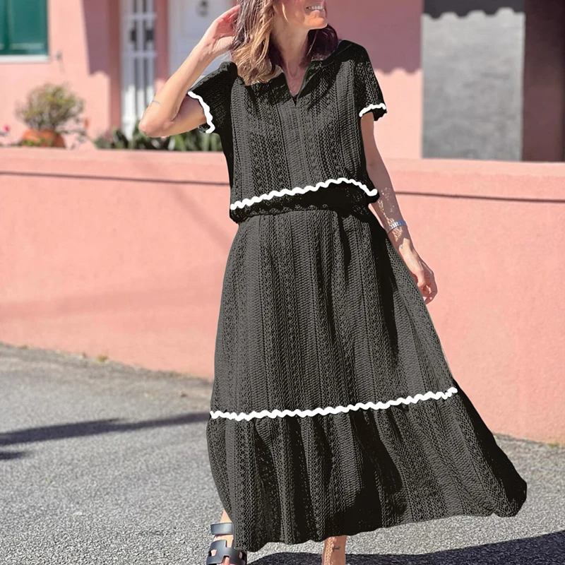Senhora elegante decote em v manga curta topo e saia longa terno renda cor bloqueado solto verão 2 peça conjunto moda boho praia outfit