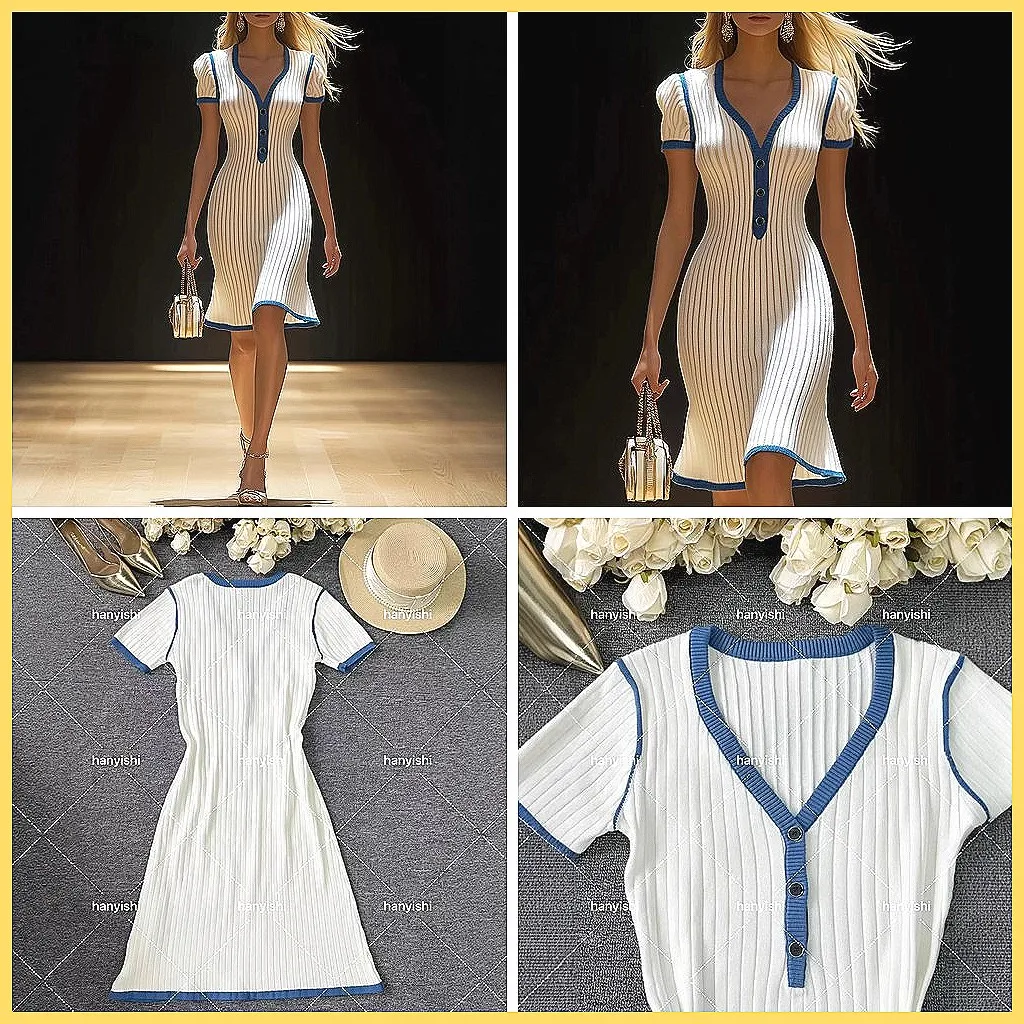 

Women's Knitted Mini Dress 2026 Chic V-Neck Button Front Elegant Sexy Bodycon Dress
