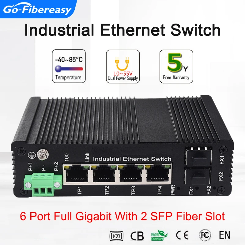 Industrial Fiber Switch 1000Base-FX SFP Slot to 10/100/1000Base-T 1/2/4/8 Port UTP RJ45 Gigabit Ethernet Fiber Media Converter