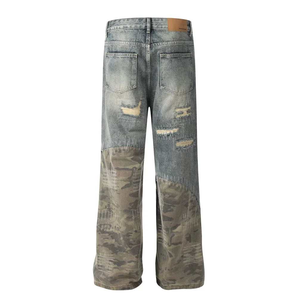 Vintage Distressed Ripped Hole Denim Pants Men Unisex Camouflage Patchwork Straight Jeans Loose Designer Cargo Jeans