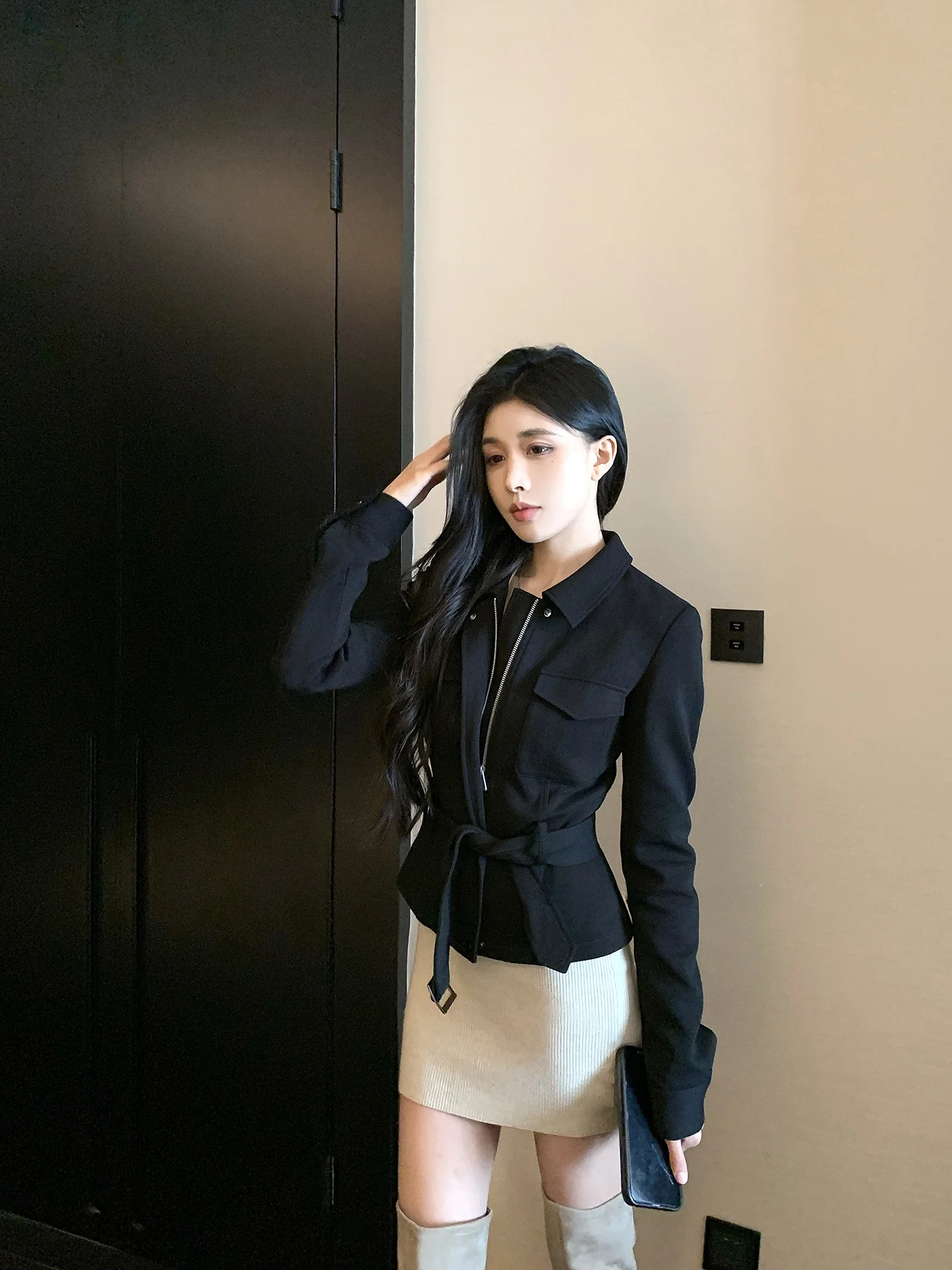 

Пальто Chenxi He ort Sle Belted Bla из серии Ele Rich Girl, осенняя новинка, женское хлопковое пальто на молнии