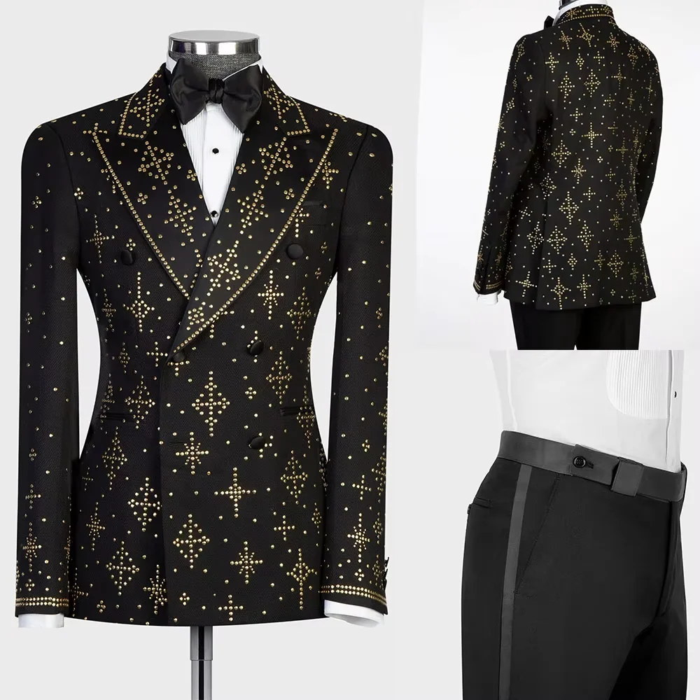 Luxury Men's Slim Fit Tuxedo 2 Piece Suit with High Quality Golden Beads One Button Customized Wedding Groom Suits