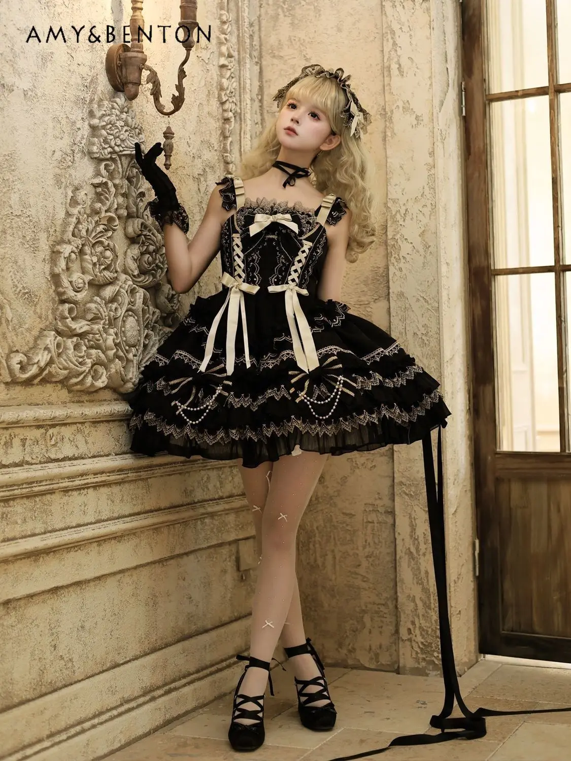 

2026 New Summer Gothic Dark Style Banquet Black White Pink Blue Bow Lace Lolita Strap Dress with Hairband Two Piece Set