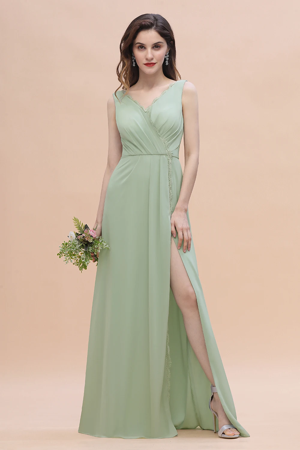 

Chiffon Lace Simple Bridesmaid Dresses 2025 Women's High Split Sleeveless Pleats Wedding Guest Dress Elegant Engagement Gowns