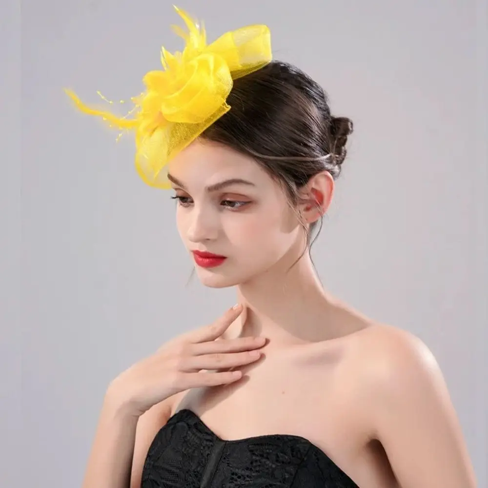 Formal Dress Small Top Hat Headband Luxury British Retro Cocktail Bridal Mesh Ribbons Cap with Ear Clip Clear Beads