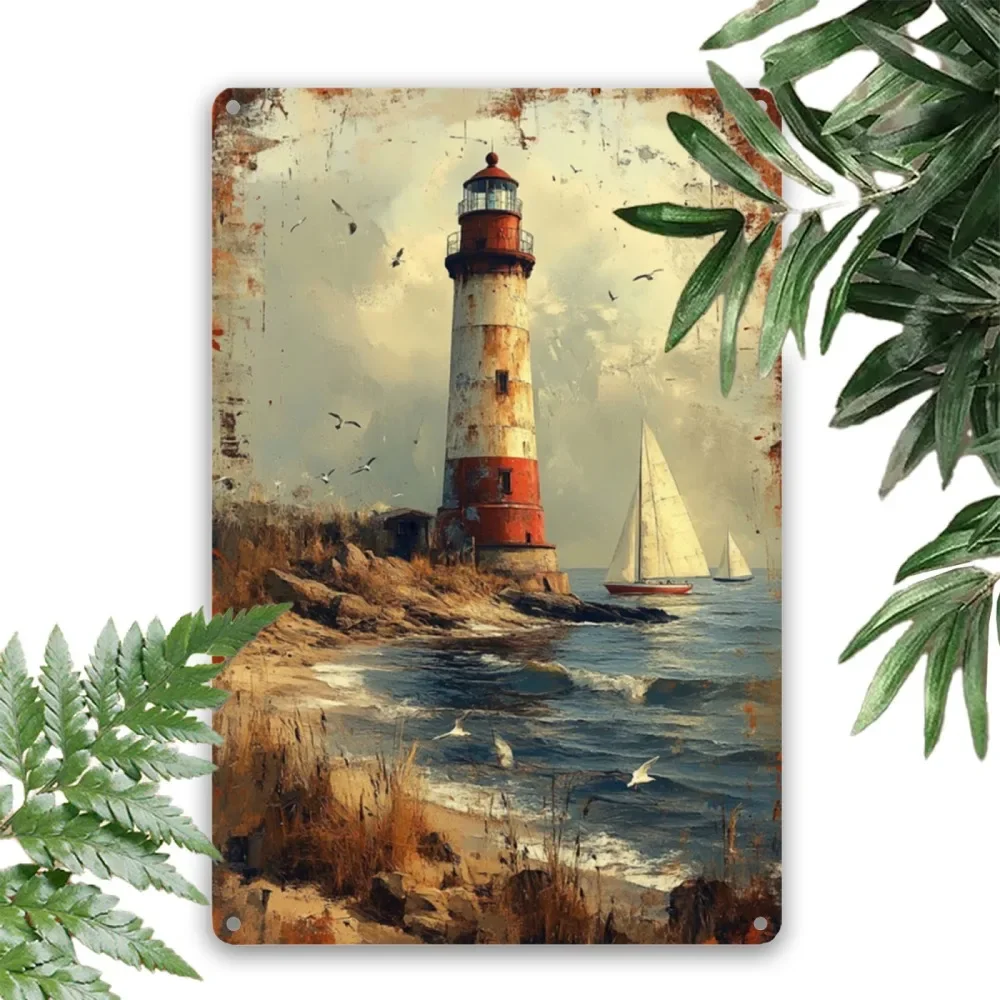 Vintage Lighthouse Iron Metal Tin Sign 8x12inch Rustic Coastal Wall Decor Plaque for Farmhouse Beach Bar Garden