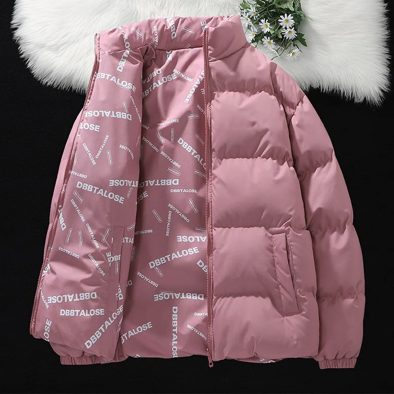 Mens Reversible Down Jacket Fall Winter Stand Collar Thickened Puffer Cotton Coat Warm Streetwear