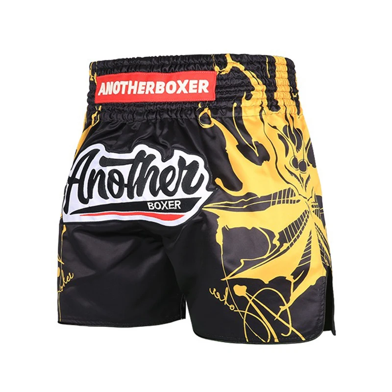 Muay Thai Shorts Black Yellow Graphic Kickboxing MMA Boxing Training Pants Gloss Satin Shorts for Thaiboxing Sparring Combat Gym
