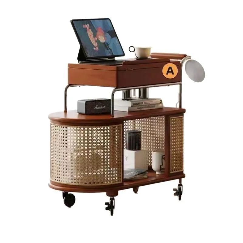 

Solid wood mobile belt wheel edge, stainless steel storage medieval trolley, living room storage rattan storage