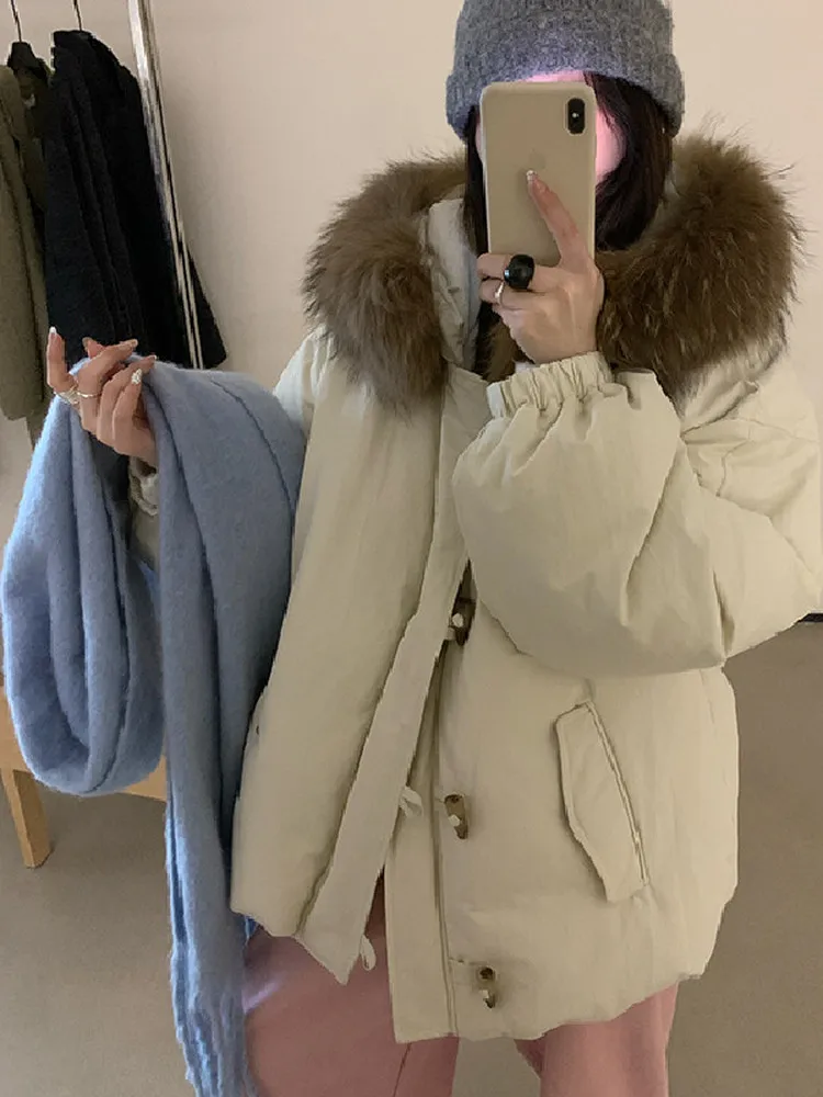 الرجعية الشتاء المرأة أسفل Jaet مقنعين الفراء طوق زر تصميم ثي الدافئة طويلة Sve منتصف طول معطف الأبيض Du أسفل