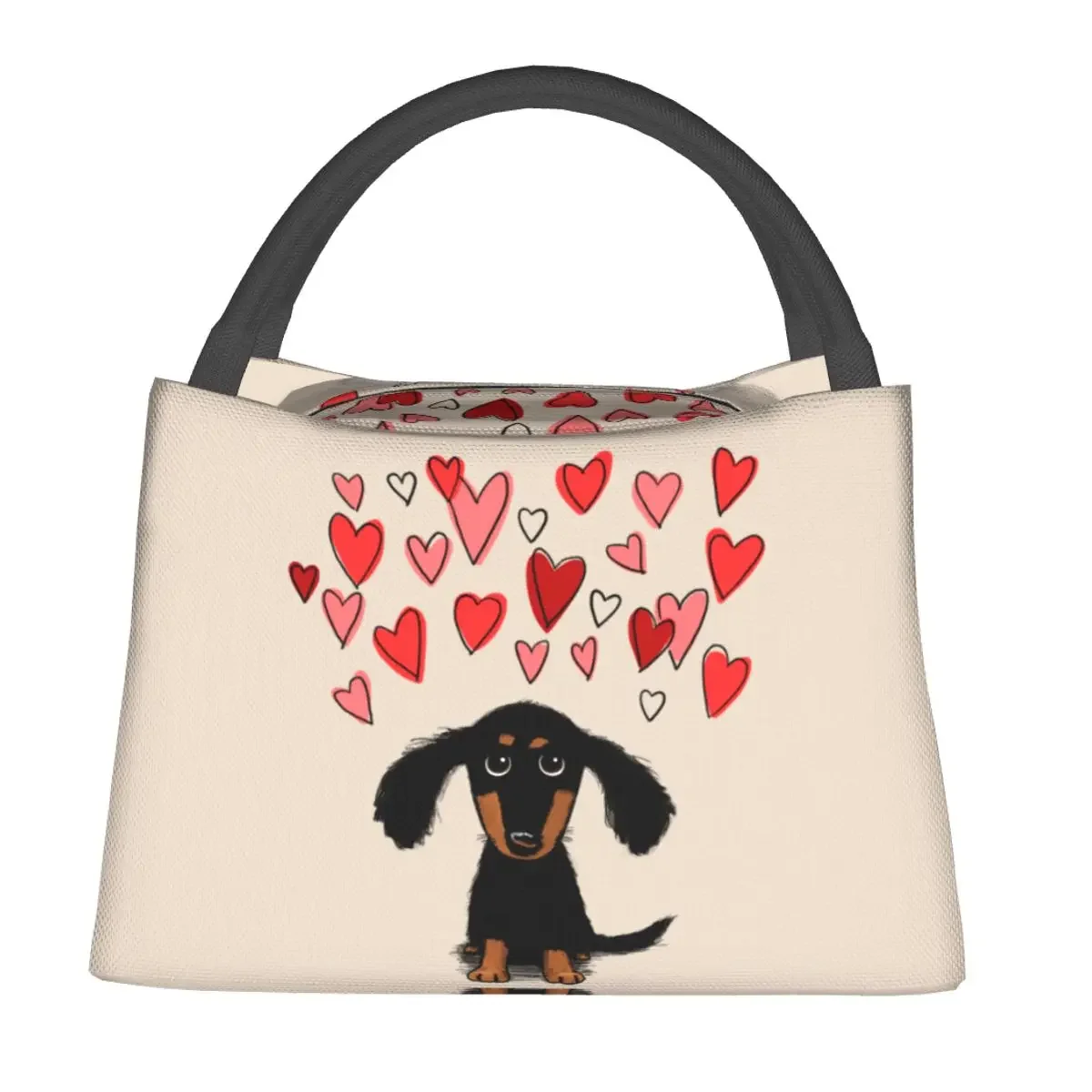 Cute Dachshund Dog Lunch Bag Valentine Hearts Fun Lunch Box Picnic Portable Thermal Tote Handbags Print Cooler Bag