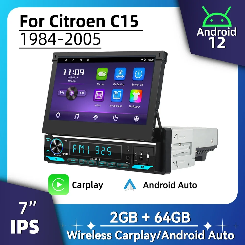 7 Inch Retractable Screen Android Car Multimedia 1 Din Radio for Citroen C15 1984-2005 Stereo Head Unit GPS Carplay Android Auto