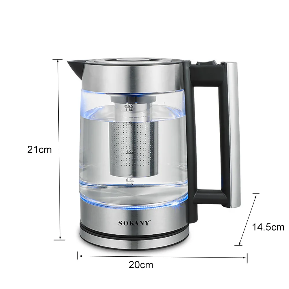 غلاية كهربائية غلاية منزلية من زجاج البورسليكات العالي 1.8 لتر إيقاف تشغيل تلقائي 1800 وات