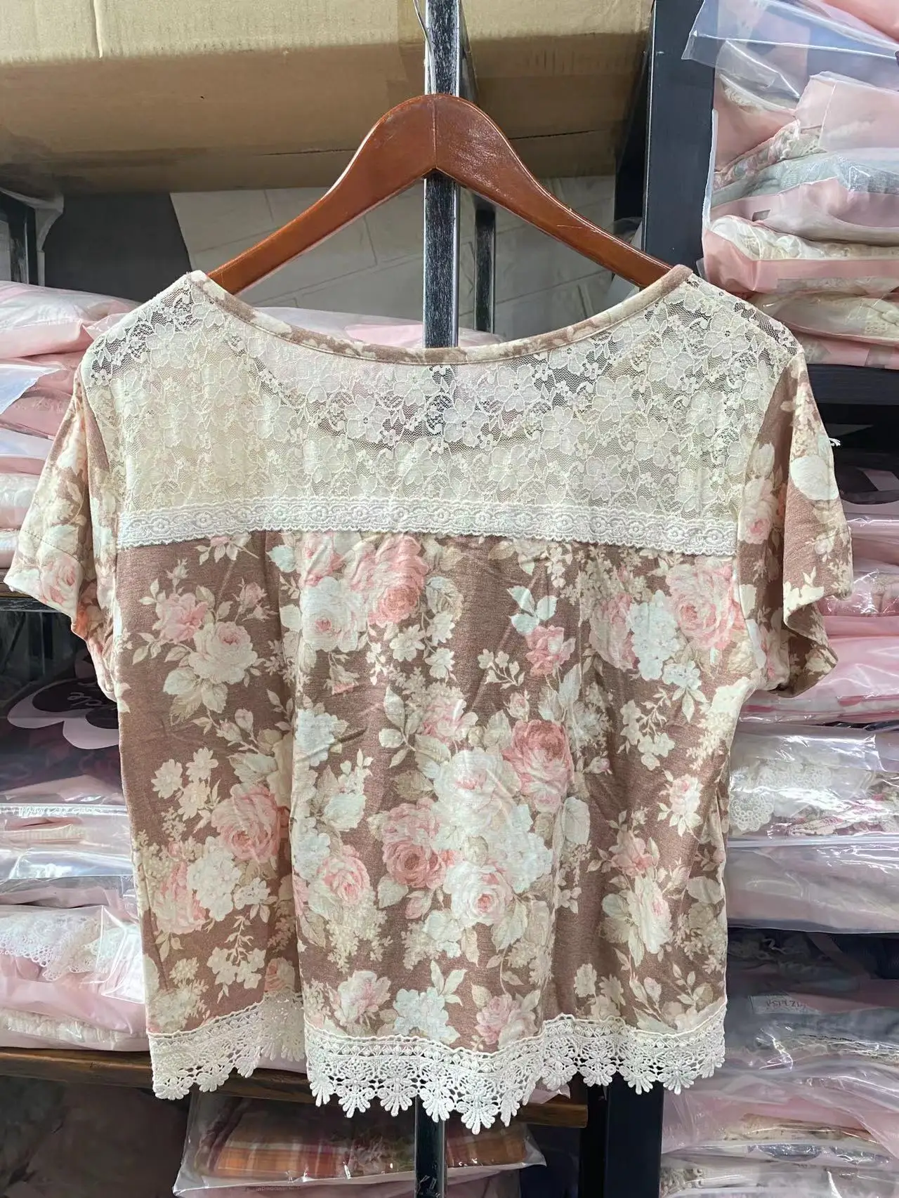 مبيعات اليابان ليز ليزا القطن محبوك الأزهار المطبوعة بلوزة الدانتيل شبكة البلوز قمصان قصيرة الأكمام #2