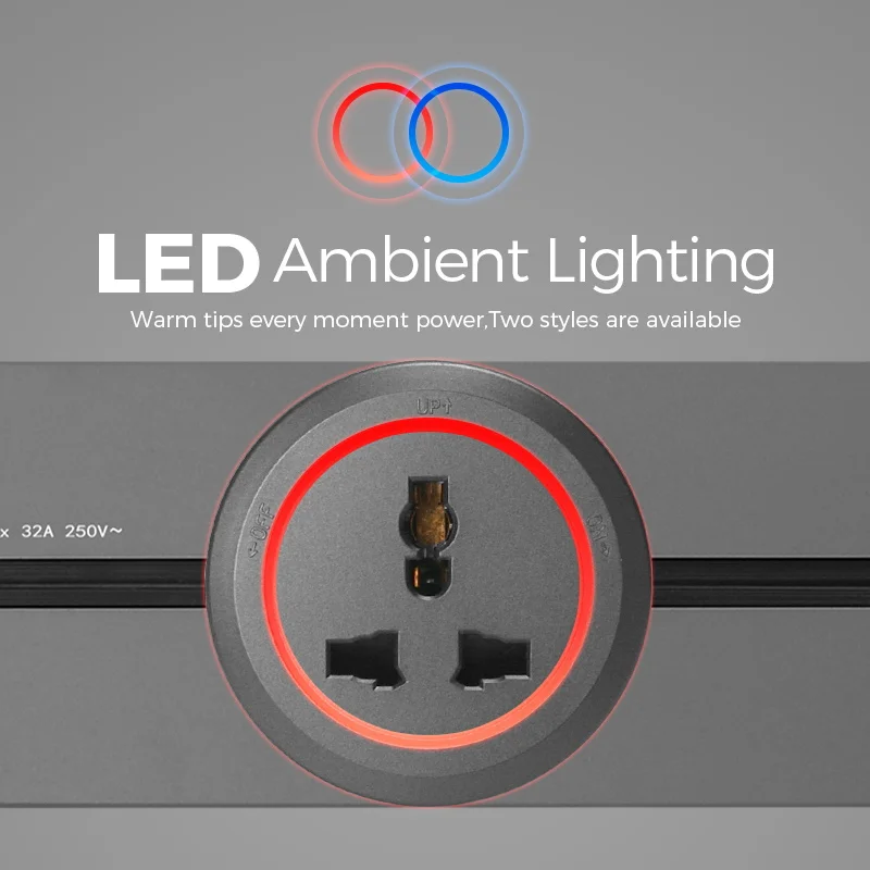 Avoir Electrical Track Socket Kitchen Office Power Outlet Round Adapter UK Universal Standard Plug Red Blue LED Indicator Light