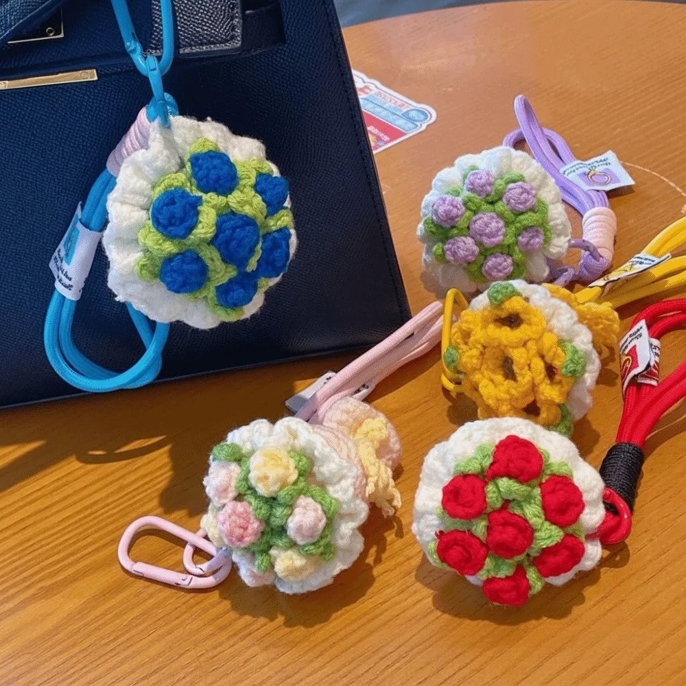 Creative Crochet Flowers Crochet Rose Bouquet Keychain Mini Handmade Crochet Flowers Mini Flower Charm Phone Bag Keys Accessory