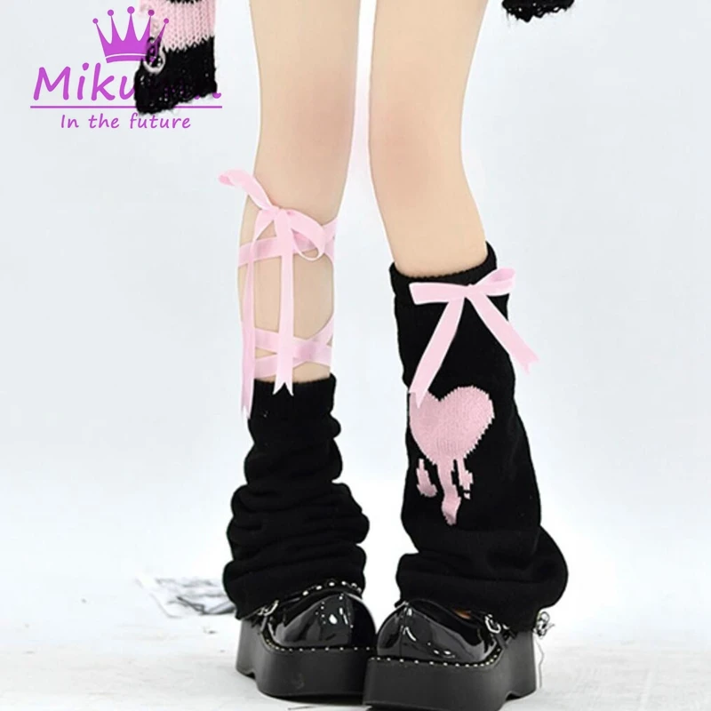 Harajuku Y2k Sweet Pink Ribbon Bow Lace-Up Knitted Leg Warmer Socks Gothic Punk Girl Bandage JK Uniform Leg Socks Streetwear