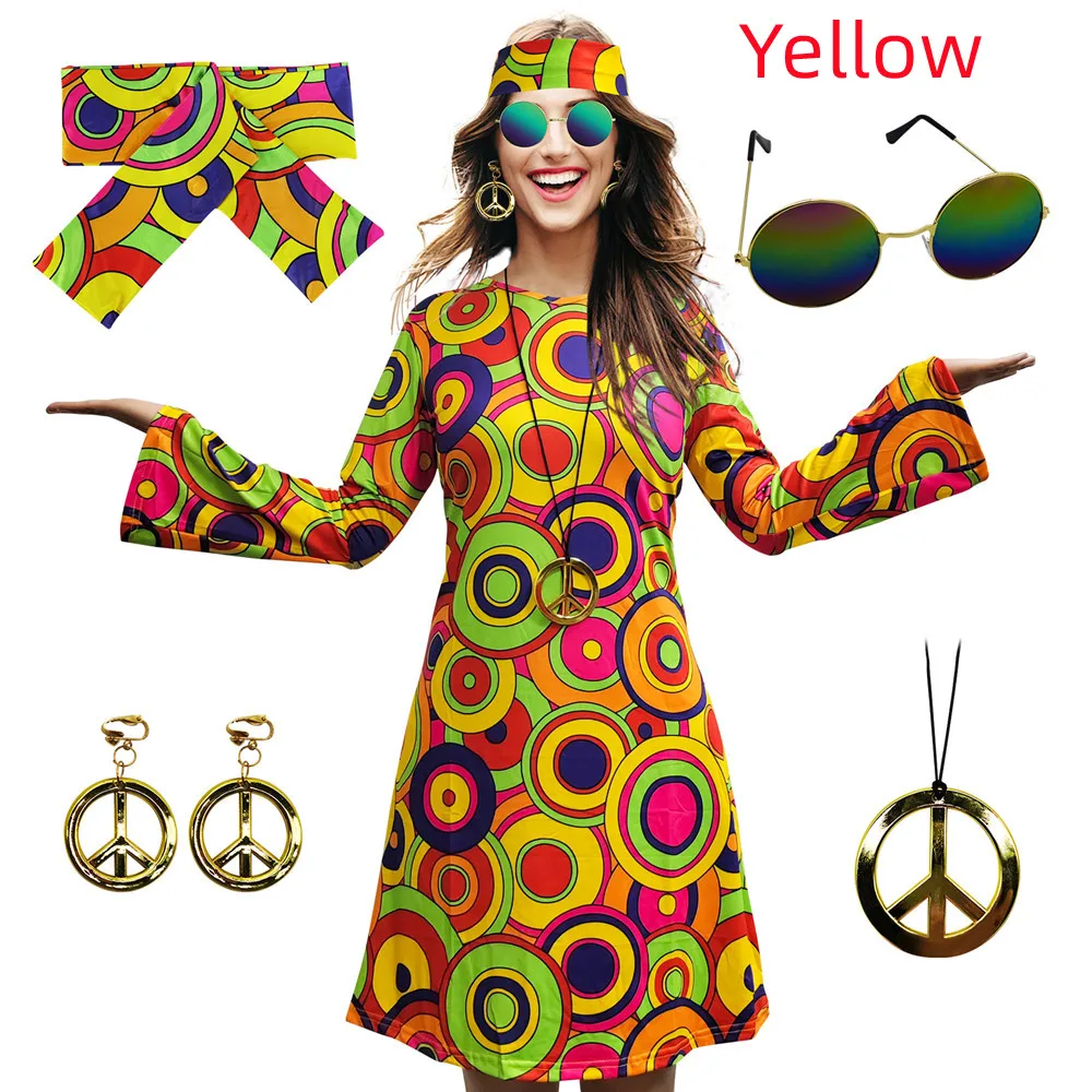 Women\'s Halloween Floral 1960\'s 1970\'s Hippie Costume Dress Women Hippie Costume Set  Halloween Party Disco 70\'s Dance Costume S
