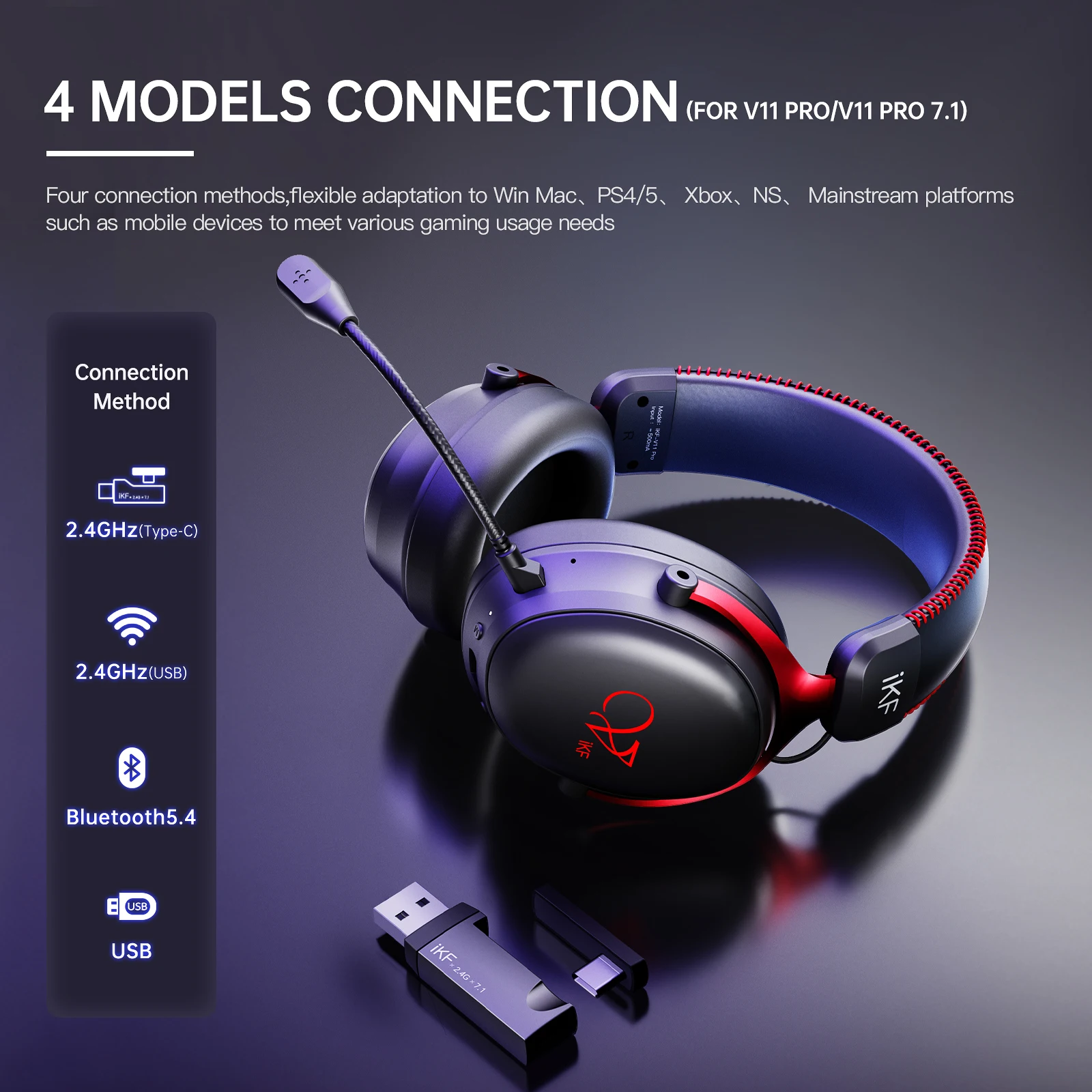 IKF V11 Pro 2.4G/Bluetooth casque sans fil casque de jeu 7.1 Surround 125H temps de lecture 12ms faible latence pour PC/FPS eSports