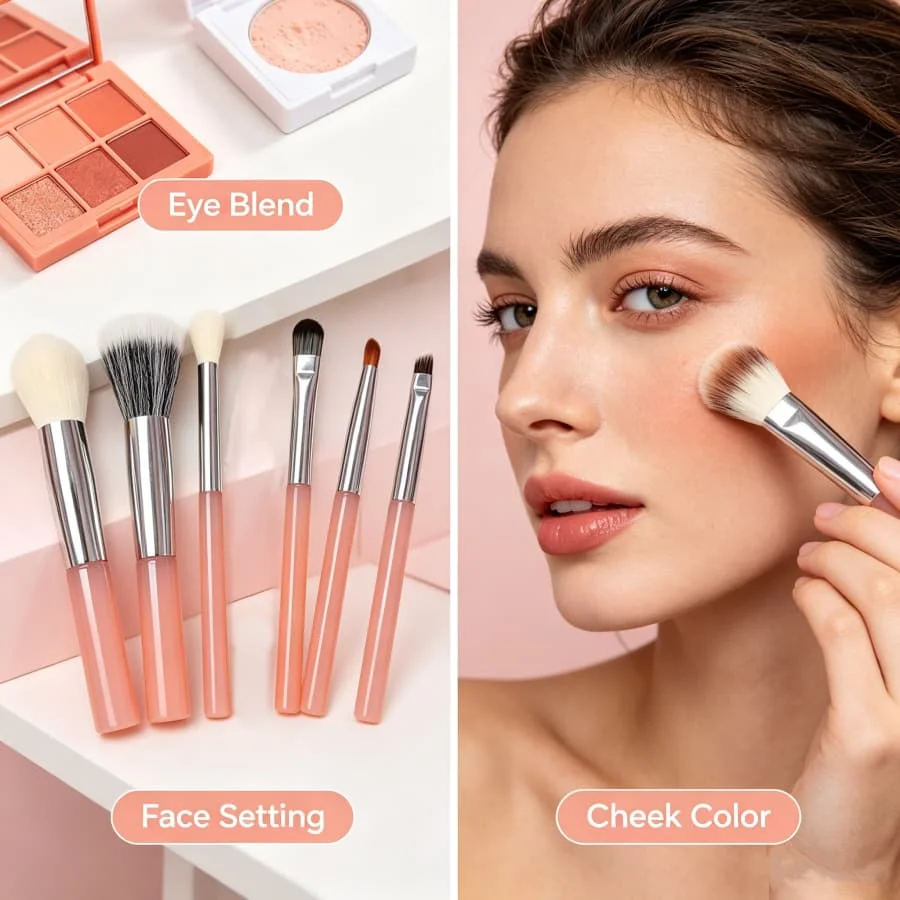 6-piece portable makeup brush set with soft bristles that won't irritate the skin, comes with a transparent storage case.