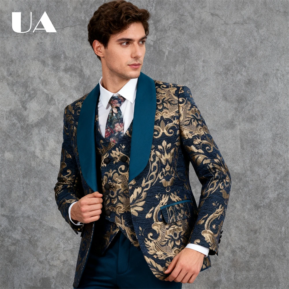 

Gold Embroidery Mens 3-Piece Suit Set for Formal Occasions XXS-7XL Tailored Size Wedding Guest Suits Prom Tuxedo Customized
