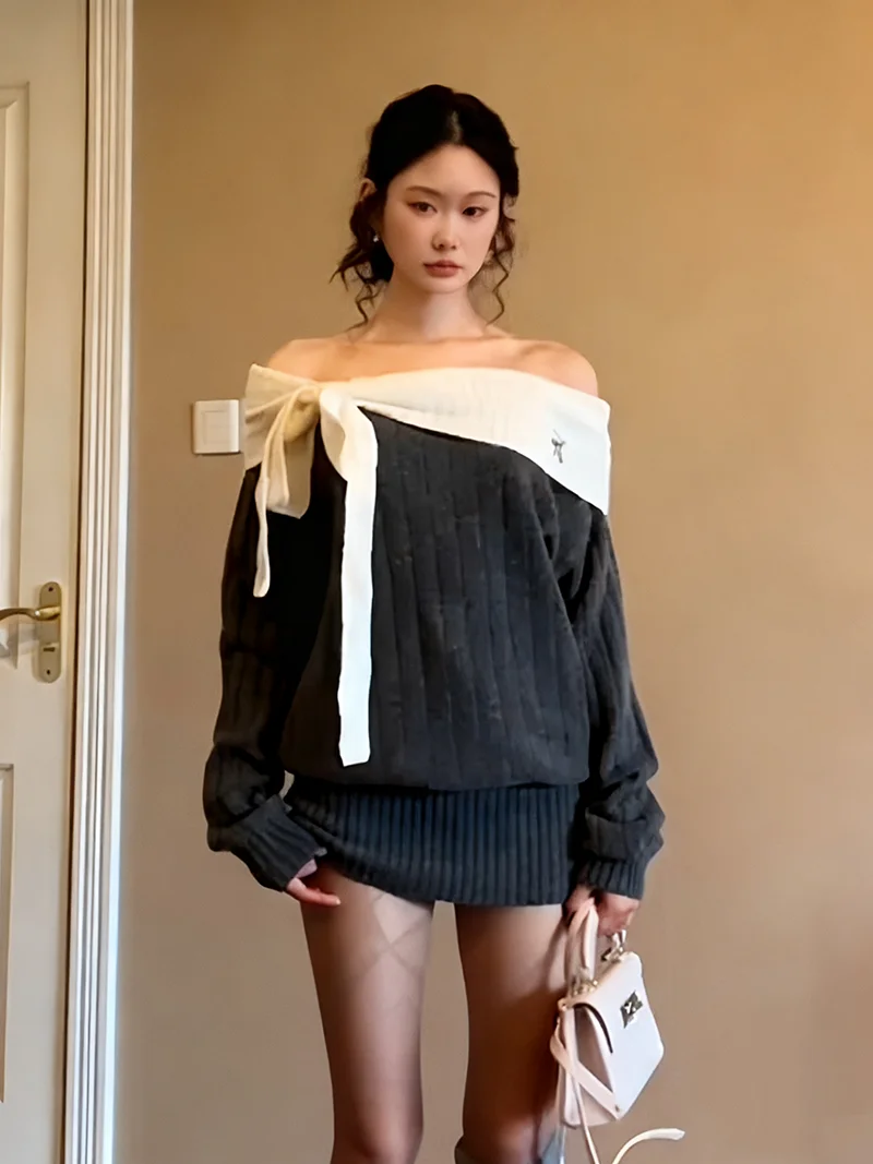 Stunning One-oulder Knitted Dr Women's Autumn Winter Faion Bow-Tied Long Sve Loose Soft Top  Knot Belted D...