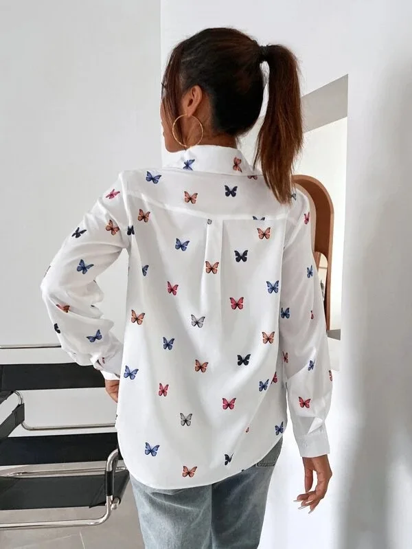 Camicia moda manica lunga bianca con stampa farfalla Donna 2025 Bottoni primaverili Casual Streetwear Top e camicetta Top Femme Camicie