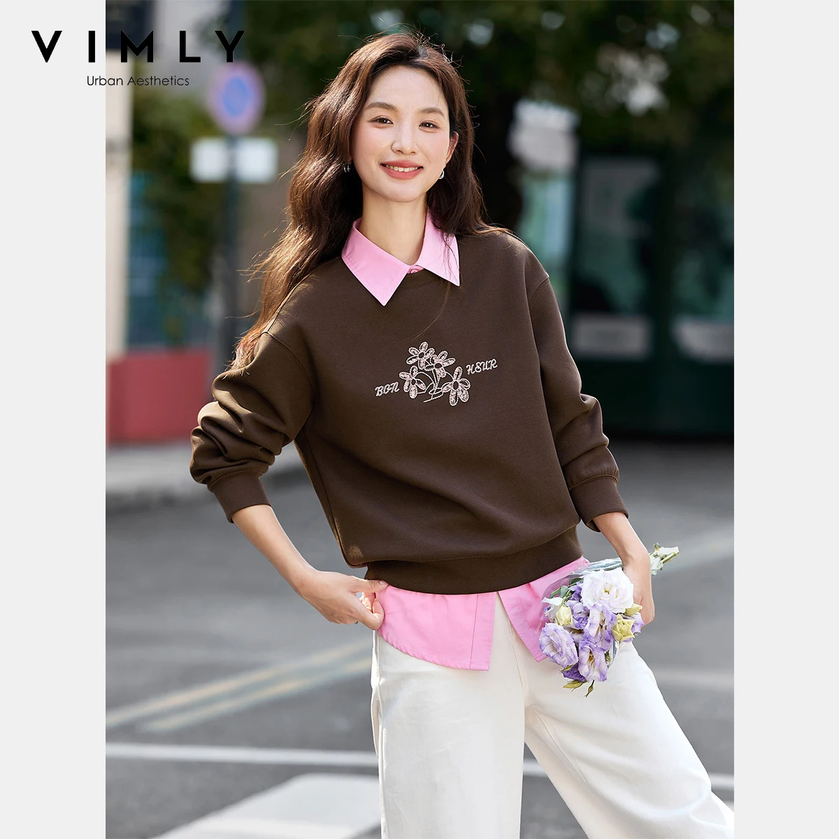 

VIMLY Woman Sweatshirts Floral Embroider Sporty Round Neck Ladies Long Sleeve Tops Autumn 2025 Knitted Sweatshirts Female A2197