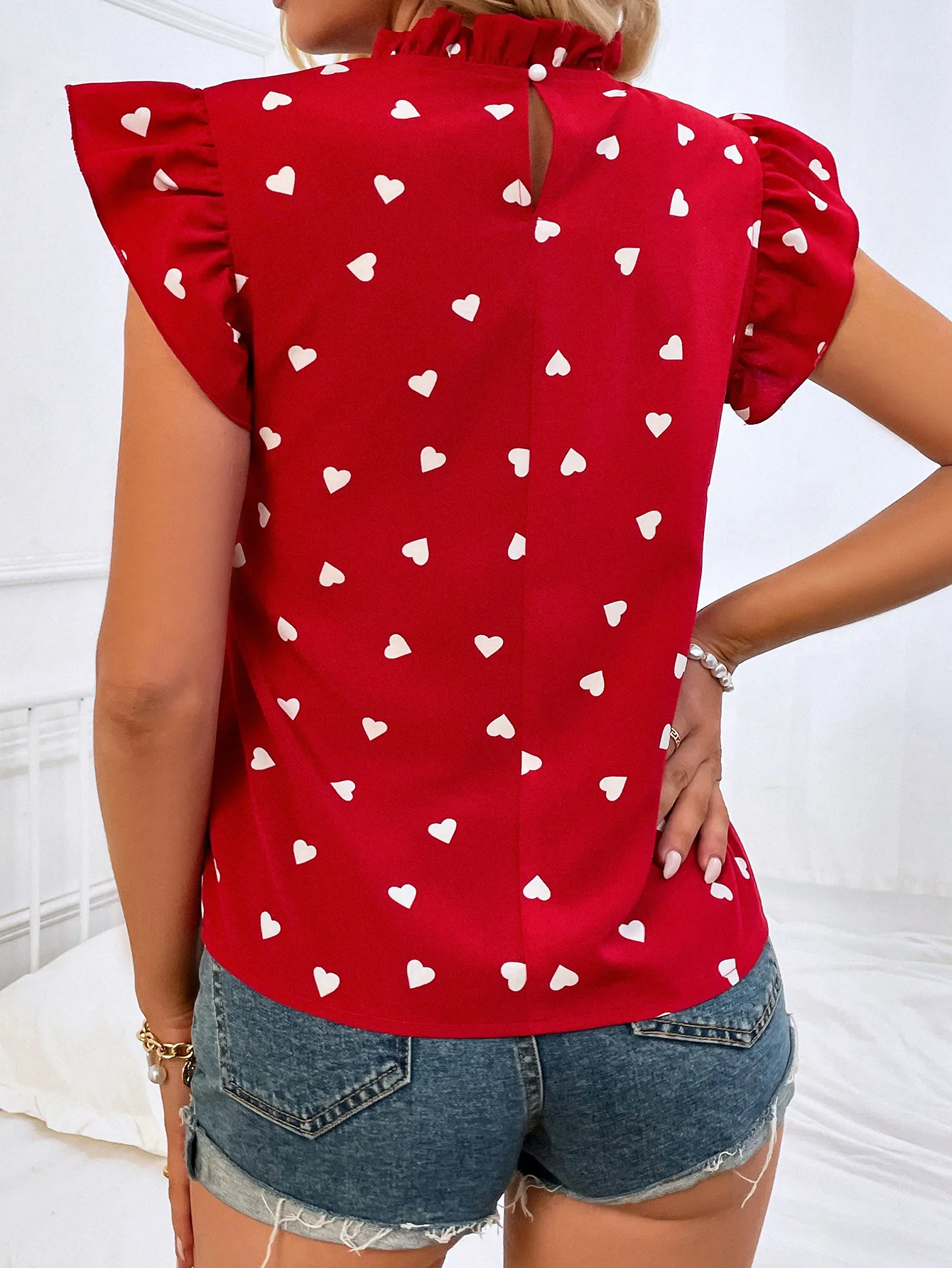 Fashion Short Sleeve Casual Shirt Women 2024 Summer Ruffled Love Print Tops And Blouses Elegant Office Top Femme Shirt Blouse