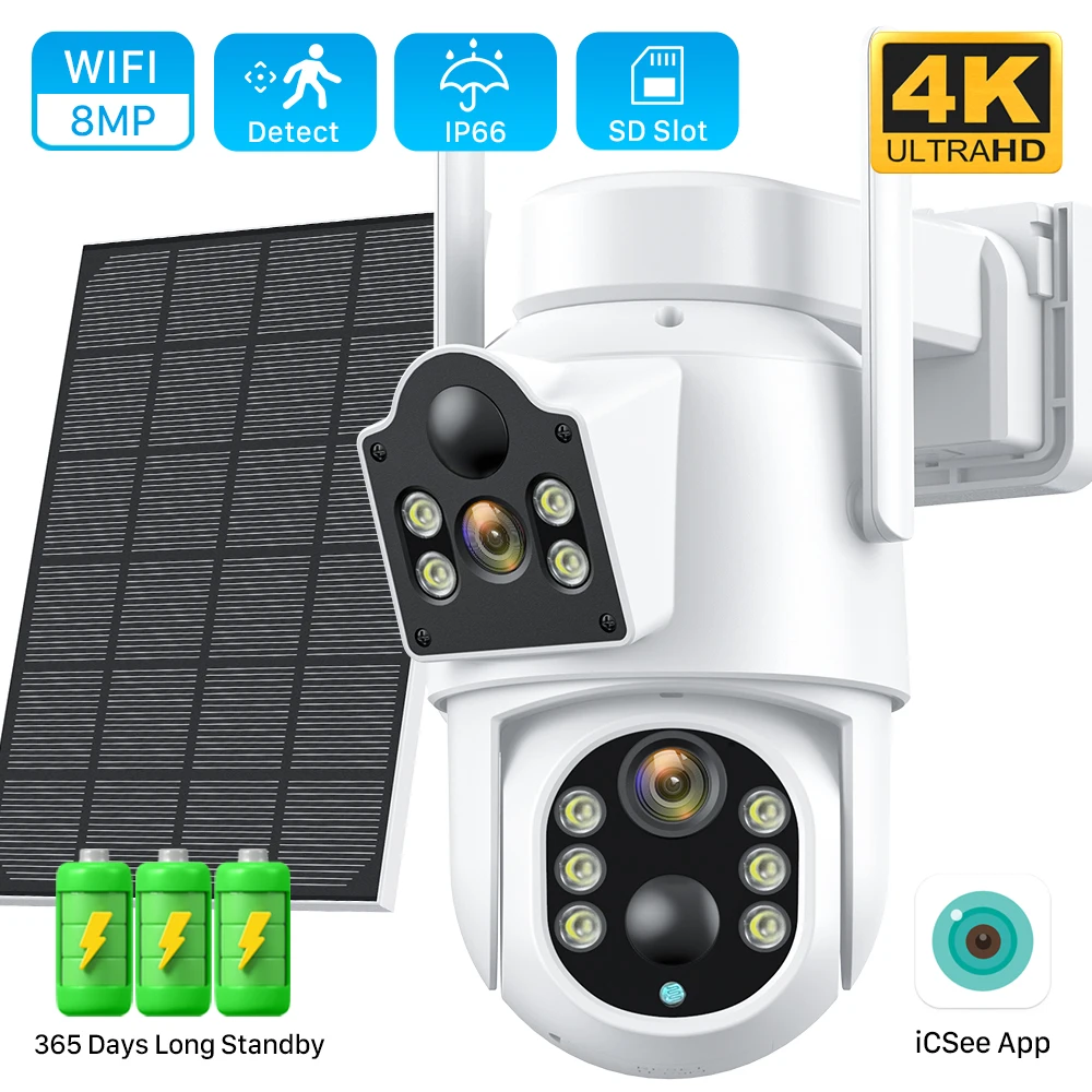 

4K 8MP Dual Screen Solar Camera Outdoor 4MP 2K Wireless WiFi PTZ Dual Lens Color Night Vision Ai Human Detection CCTV Cameras