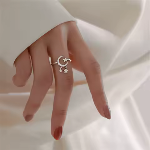 Silver Color Zircon Moon Star Tassel Opening Rings For Women Minimalist Fashion Shiny Star Moon Finger Ring Aesthetic Jewelery