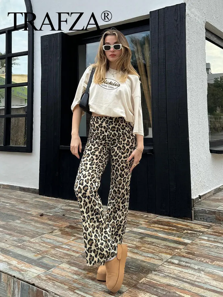 TRAFZA Leopard Print Wide Leg Pants For Women 2024 Summer High Waist Slim Straight Long Trousers Streetwear Fashion Bottoms