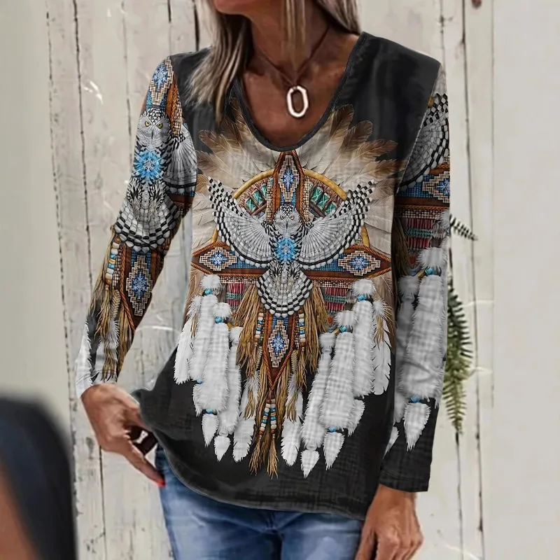 

2024 Autumn New Product Women's Top Long Sleeve Retro Round Neck T-shirt Autumn/Winter Loose Casual Shirt Home Clothing